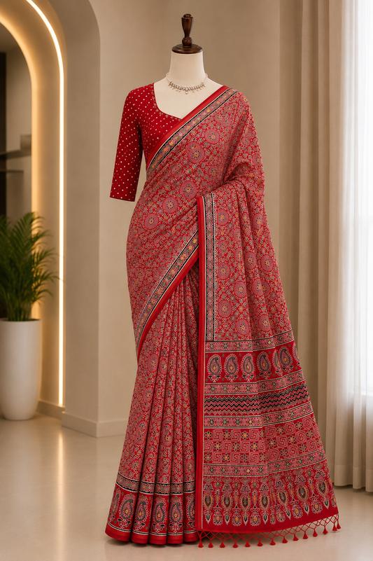 AJRAKH PRINT DESIGNER SAREE WITH UNSTITCHED BLOUSE