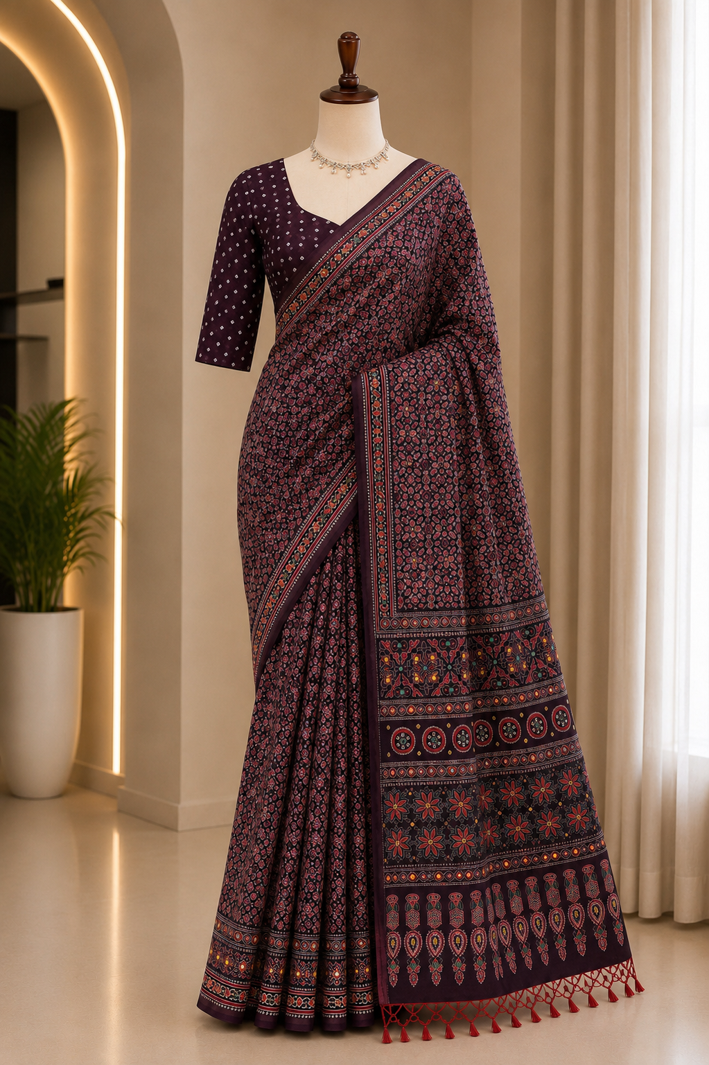 MIRROR WORK AJRAKH PRINT SAREE WITH UNSTITCHED BLOUSE