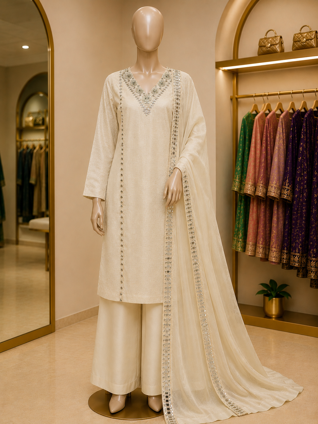 ELEGANT IVORY MIRROR WORK DRESS MATERIAL