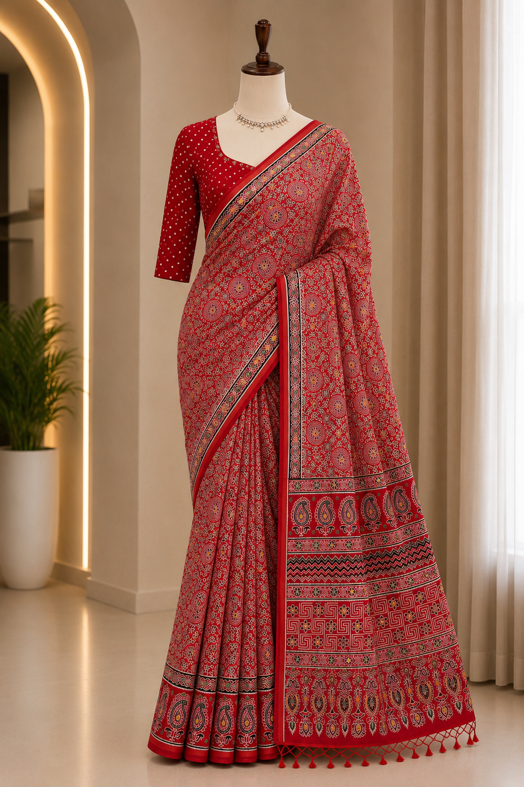AJRAKH PRINT DESIGNER SAREE WITH UNSTITCHED BLOUSE