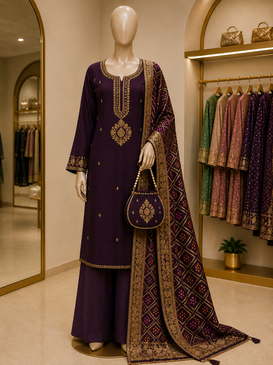 ROYAL PURPLE EMBROIDERED DRESS MATERIAL WITH BANARASI DUPATTA AND POTLI BAG