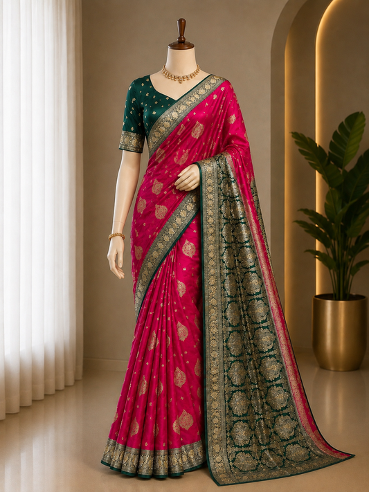 RANI PINK AND EMERALD BANARASI SAREE