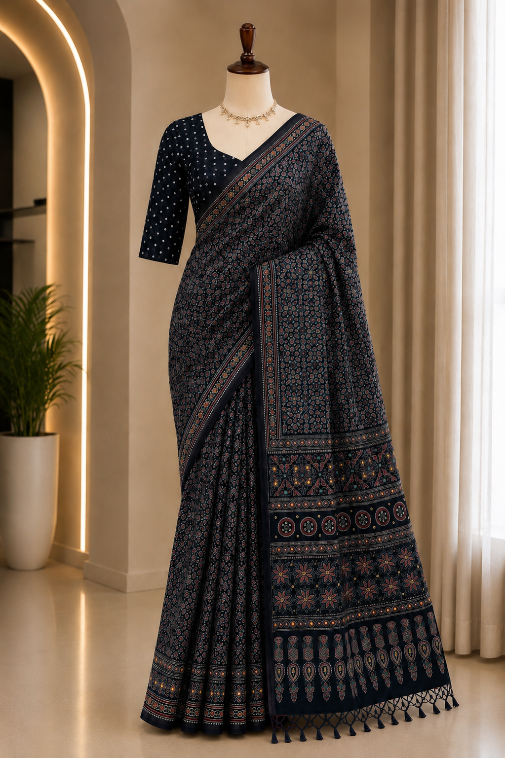 MIRROR WORK AJRAKH PRINT SAREE WITH UNSTITCHED BLOUSE