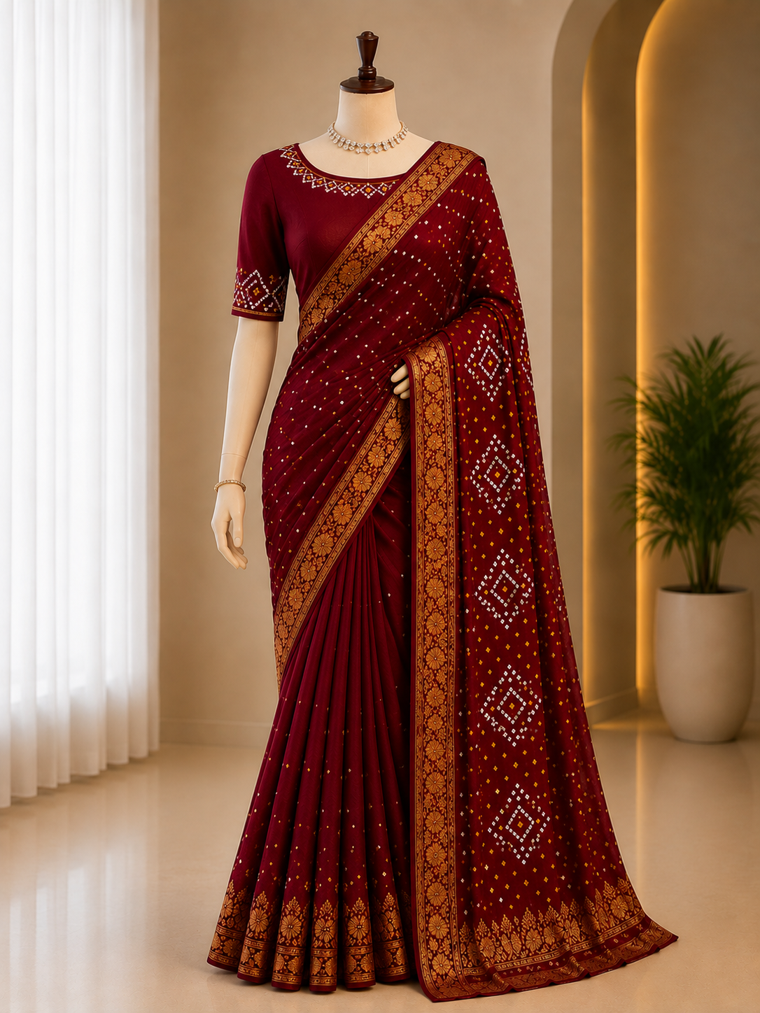 ROYAL MAROON BANDHEJ SAREE