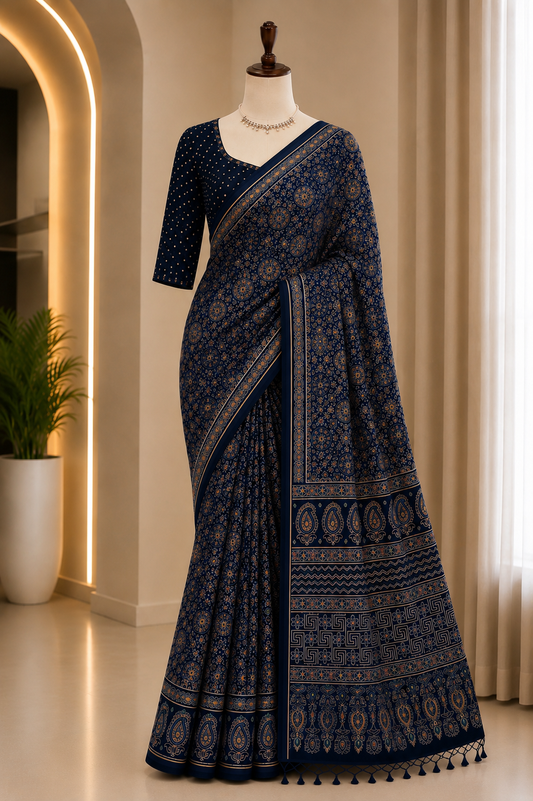 AJRAKH PRINT DESIGNER SAREE WITH UNSTITCHED BLOUSE