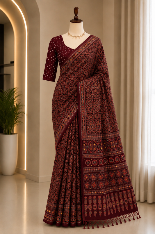 MIRROR WORK AJRAKH PRINT SAREE WITH UNSTITCHED BLOUSE