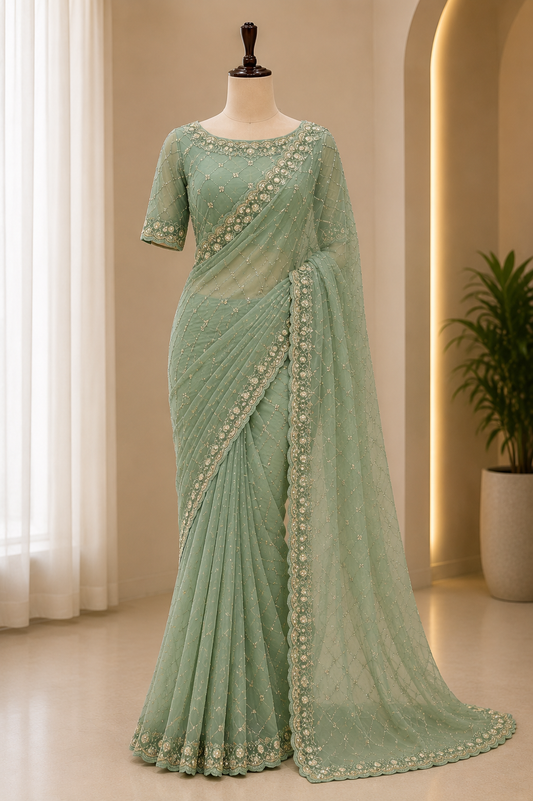ELEGANT SEQUINS EMBROIDERED SAREE WITH UNSTITCHED BLOUSE