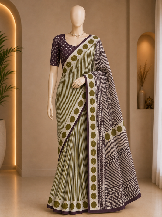 HANDBLOCK PRINTED SAREE WITH UNSTITCHED BLOUSE