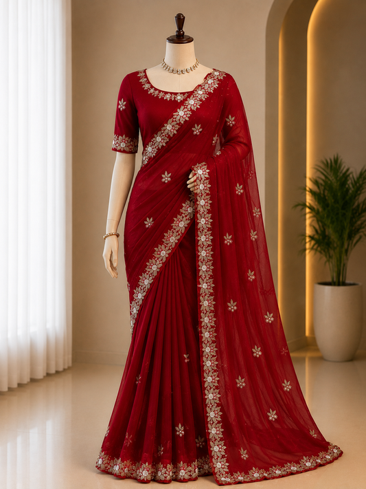 REGAL RED FLORAL EMBROIDERED SAREE