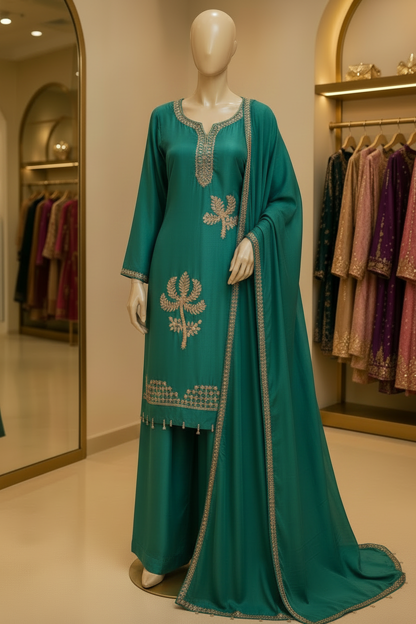 PERSIAN GREEN EMBROIDERED DRESS MATERIAL