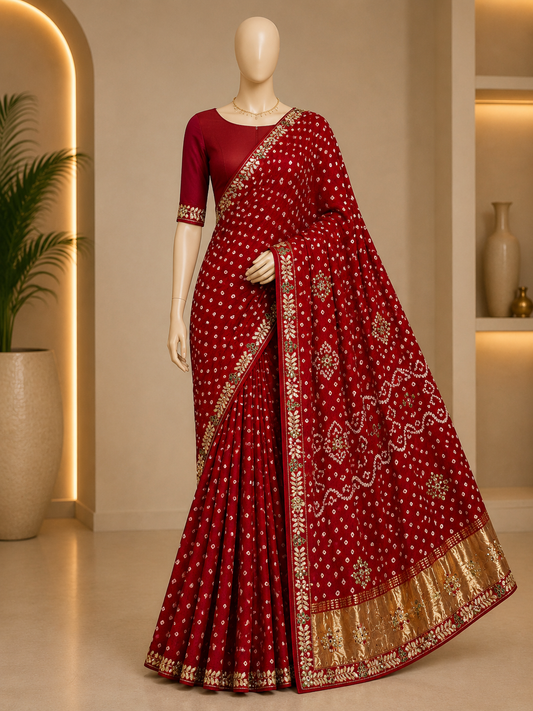 DESIGNER BANDHEJ SAREE WITH EMBELLISHED BORDER AND UNSTITCHED BLOUSE