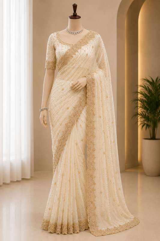 ELEGANT DESIGNER EMBROIDERED SAREE WITH UNSTITCHED BLOUSE
